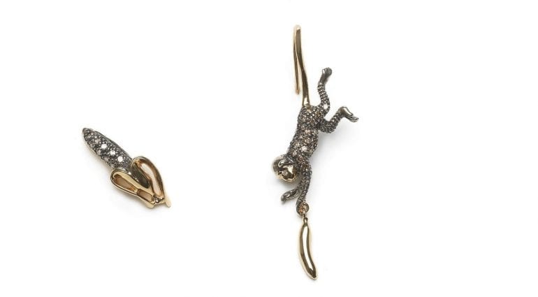 Monkey Collection, Monkey and banana studs, 18ct yellow gold, sterling silver, brown diamonds