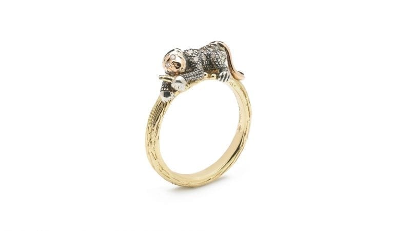 Monkey Collection, Stackable monkey ring, 18ct yellow gold, Sterling silver, brown diamonds