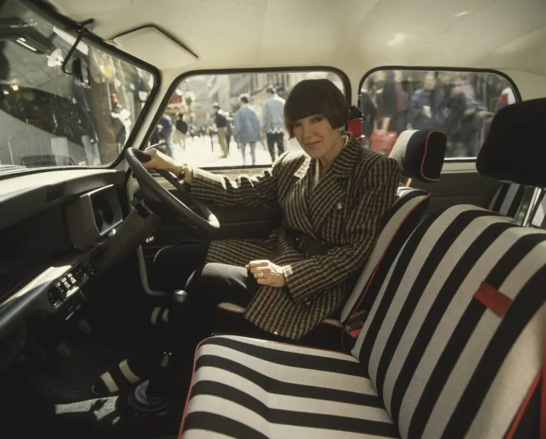 Mary Quant, pictured in her special edition ‚Mini Designer‘, 1988 (08/2019). (Photo by BMW AG – BMW Group Archiv)