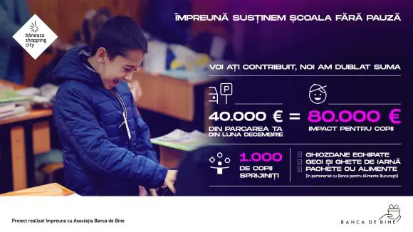 Baneasa Shopping CIty a donat 80.000 euro catre copii din medii defavorizate, prin intermediul proiectului Școala fără pauză
