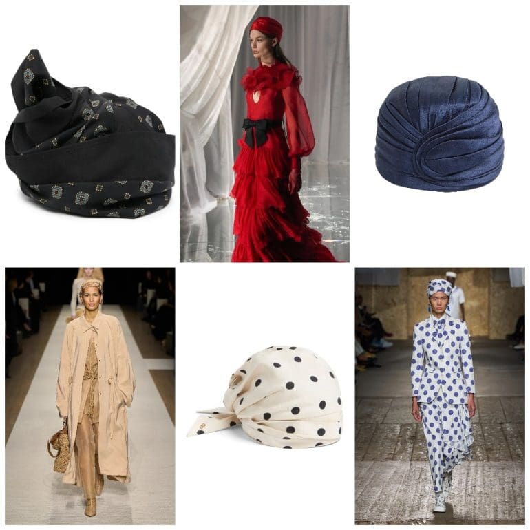 Turban, Moschino, 347 euro, runway Valentino, turban, Valentino, 1.436 euro, runway Giorgio Armani, turban, Valentino, 675 euro, runway Moschino
